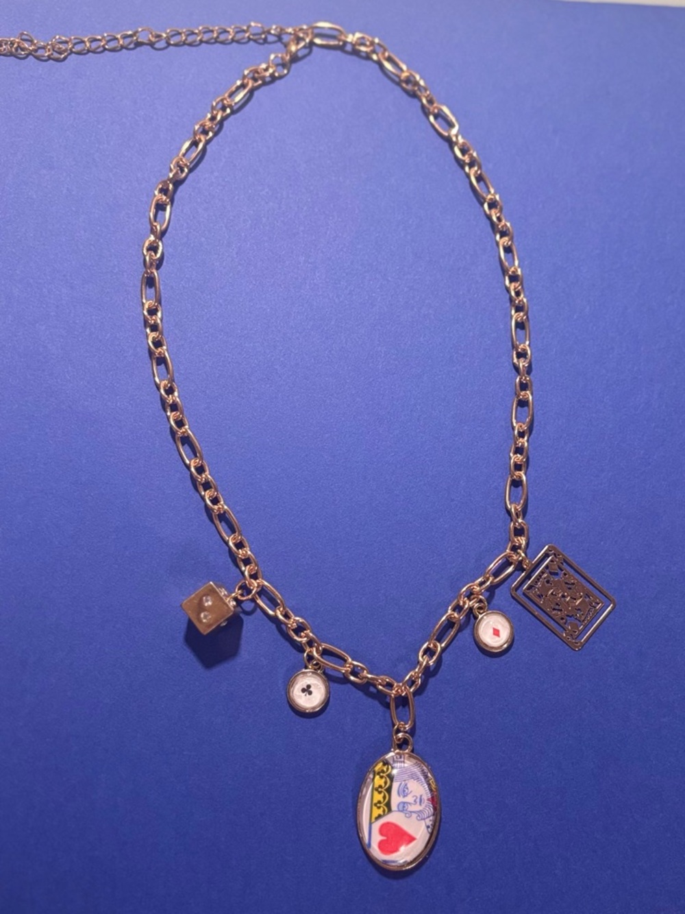 Handmade Gold Charm Necklace w/ Vintage Playing Card Charms – Statement Jewelry